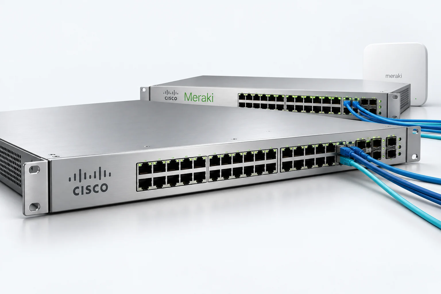 Conceptual Cisco and Meraki network switches and a Meraki wireless access point