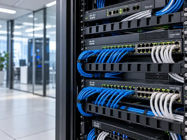 Illustrative enterprise Cisco network rack in a modern office environment