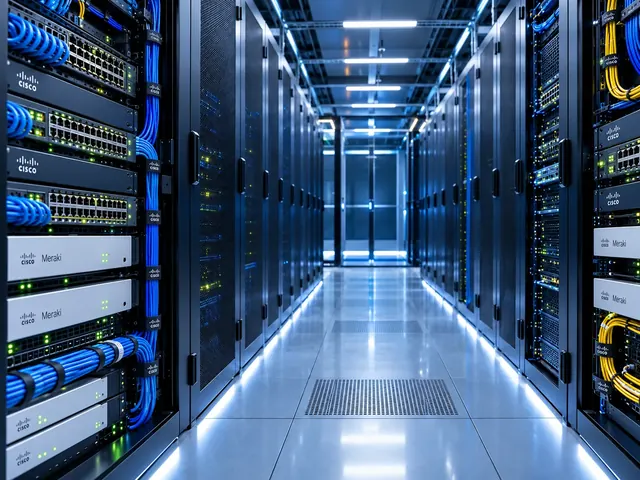 Illustrative Cisco and Meraki equipment in a modern data-centre aisle