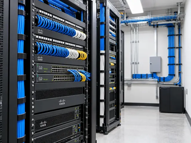 Illustrative Cisco and Meraki equipment in organised data-centre racks