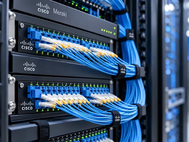 Illustrative Cisco and Meraki fibre network rack with structured cabling