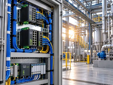 Illustrative Cisco and Meraki industrial network equipment in a plant environment