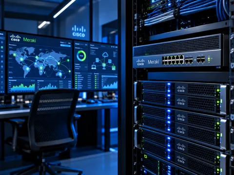 Illustrative Cisco and Meraki network operations centre with monitoring displays