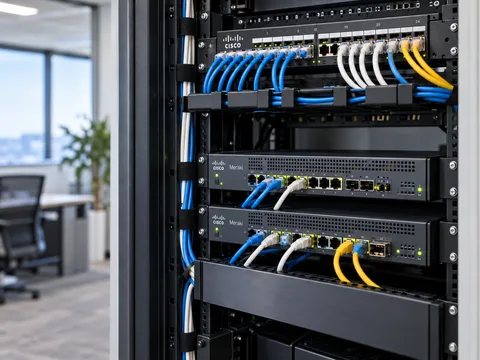 Illustrative Cisco and Meraki network rack in a modern office
