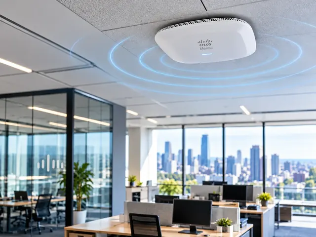 Illustrative Cisco Meraki wireless access point in a modern office